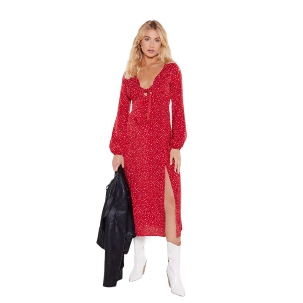 NEW NASTY GAL dress red 'dot that into you' long sleeve polka-dot‎ midi 10